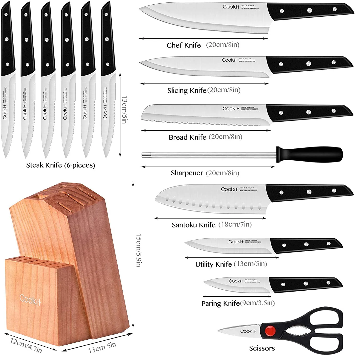 15-Pieces Set: Cookit Germany Stainless Steel Knife Block Set and Serrated Steak Knives