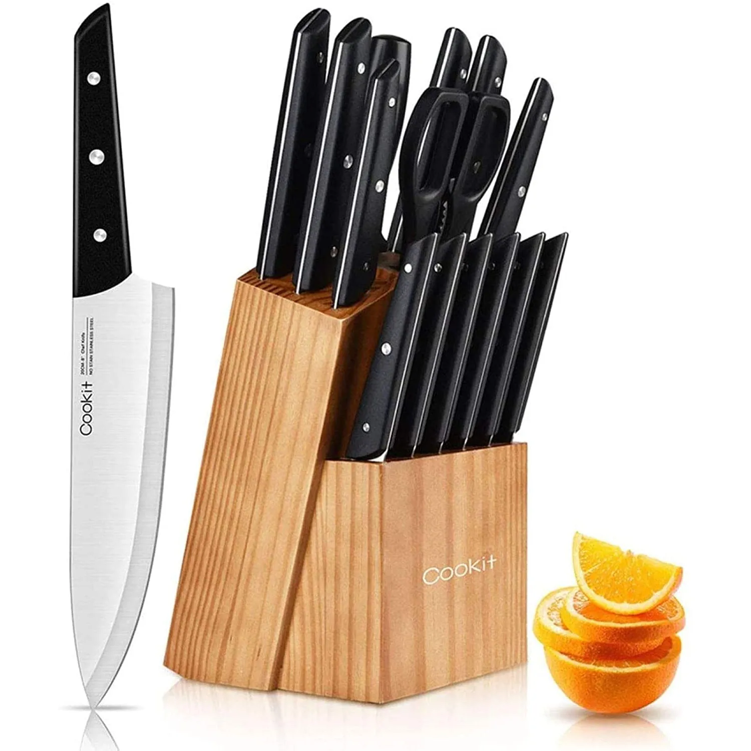 15-Pieces Set: Cookit Germany Stainless Steel Knife Block Set and Serrated Steak Knives