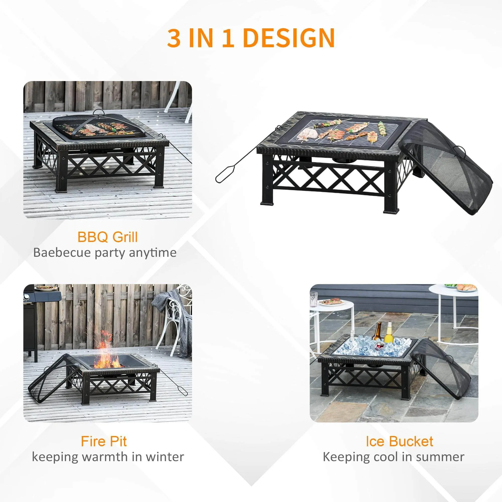 30 Inch Wood Burning Steel Square Outdoor Fire Pit in Black