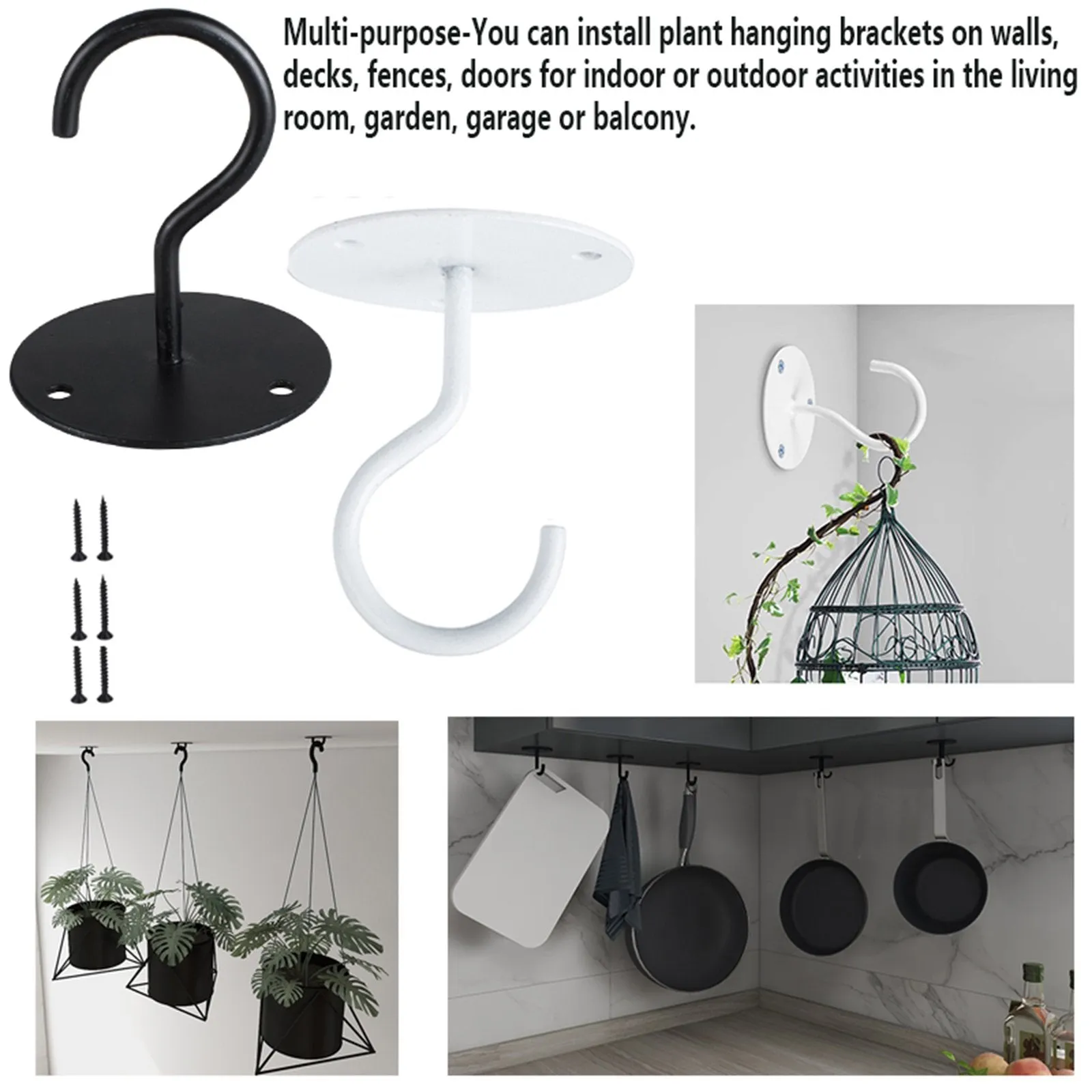 4Pcs Metal Ceiling Wall Plants Lantern Hanging Hooks-Black