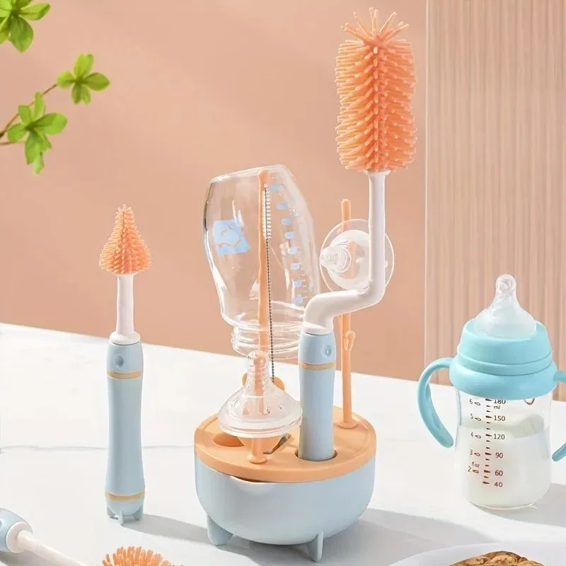 6-in-1 Baby Bottle Cleaner Set with Drying Rack - 2 Silicone Baby Bottle Brushes, Straw Brush, Nipple Brush & Storage Box