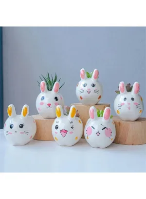 6 Pcs Lovely Cartoon Rabbit Succulent Ceramic Indoor Flower Pots, Cute Animal Mini Green Plant Pot for Living Room Interior Design Fairy Gardening (Plants NOT Included)