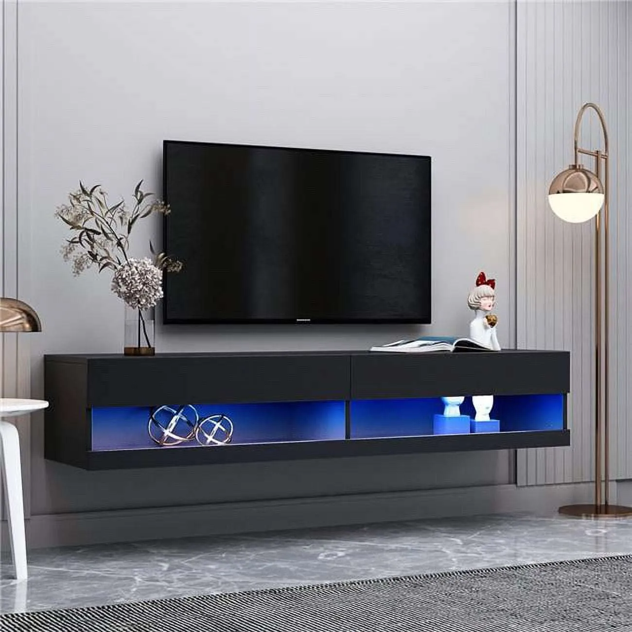 Black Wall Mounted Floating 80' TV Stand with 20 Color LEDs, Media Console Entertainment Center