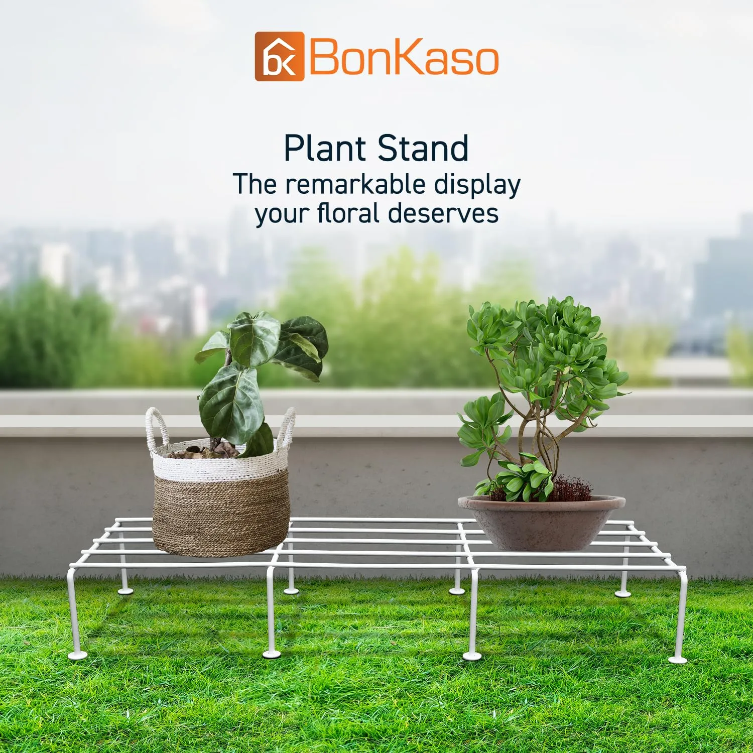 BonKaso Premium Rectangular Anti-Rust Metal Plant Stand Set (Pack of 4) - Stylish White Stands for Indoor, Outdoor, and Balcony Use