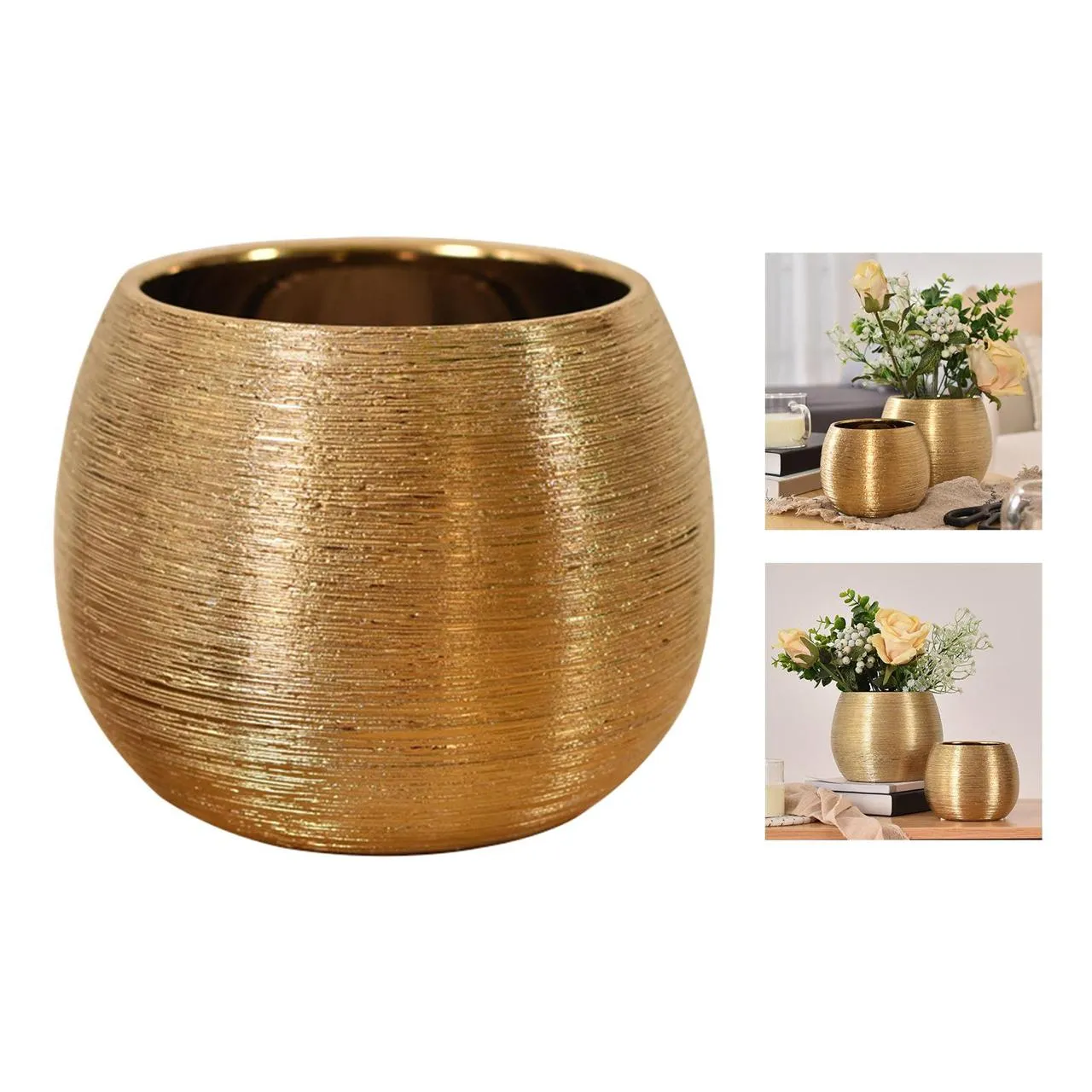 Brushed Golden Vase Round Flower Pot