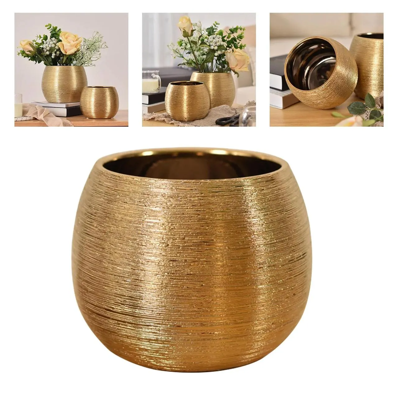 Brushed Golden Vase Round Flower Pot