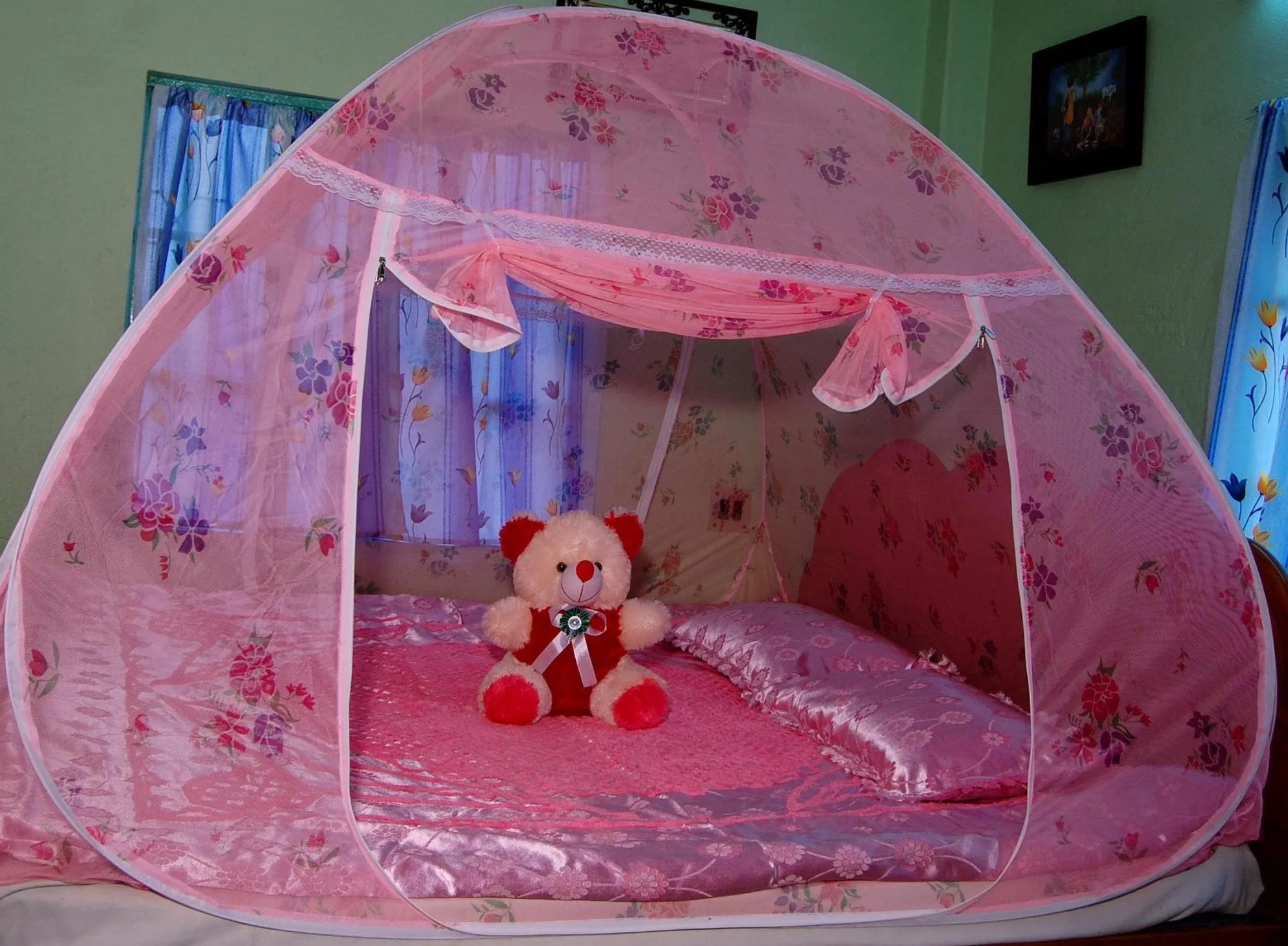 Healthy Sleeping Foldable Polyester Double Bed Mosquito Net (Light Pink)