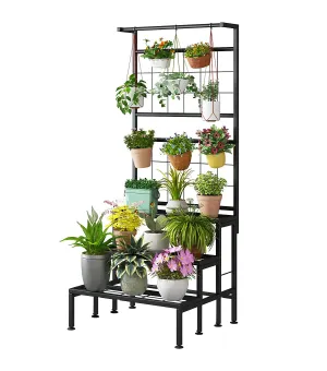 IRON LANDS SOLID 3 TIER Hanging Plant Stand Planter Shelves Flower Pot Organizer Rack Multiple Flower Pot Display Holder Shelf Indoor Outdoor Planter Shelving Unit with Grid Panel