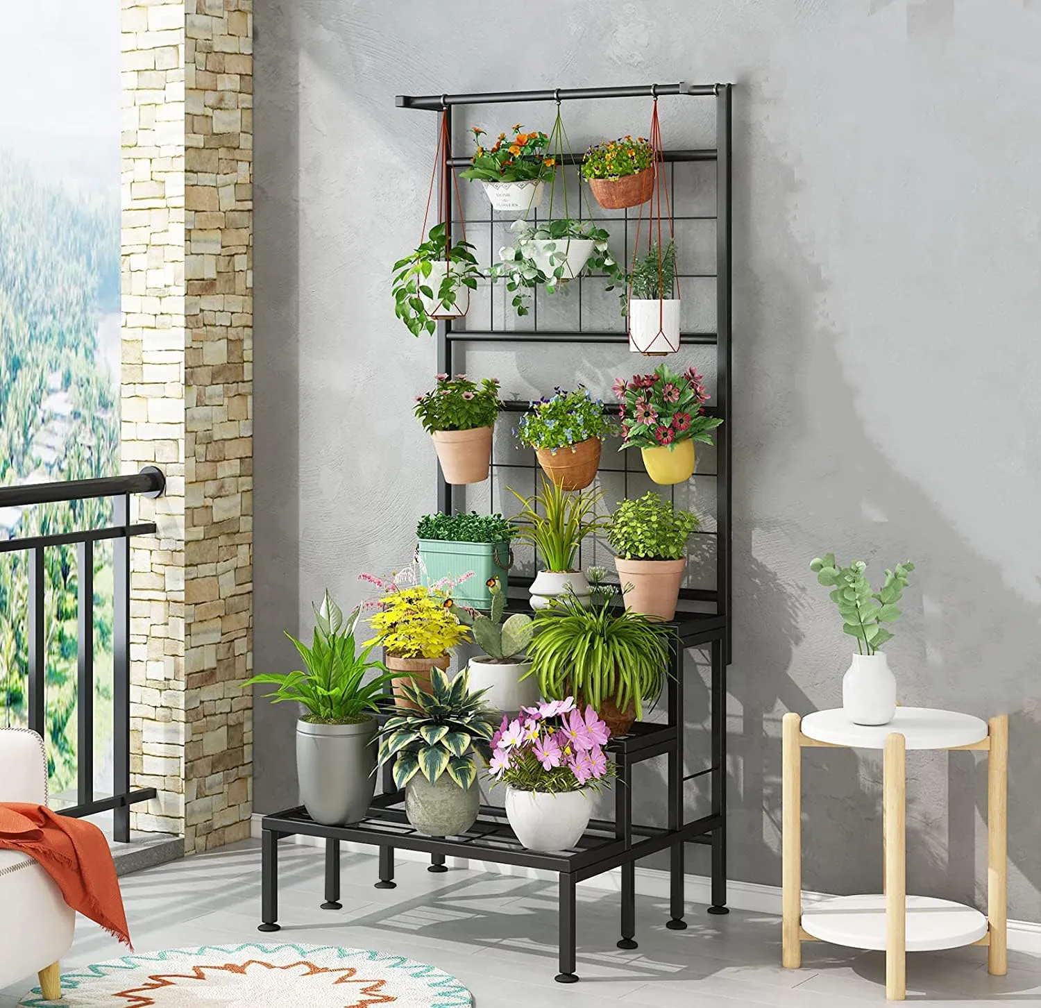 IRON LANDS SOLID 3 TIER Hanging Plant Stand Planter Shelves Flower Pot Organizer Rack Multiple Flower Pot Display Holder Shelf Indoor Outdoor Planter Shelving Unit with Grid Panel