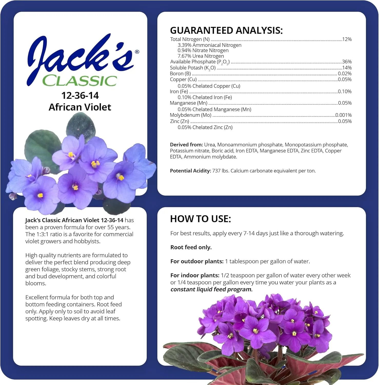 Jack's Classic, 12-36-14 African Violet Water-Soluble Fertilizer with Micronutrients for Developing Strong Colorful Plants, 8oz