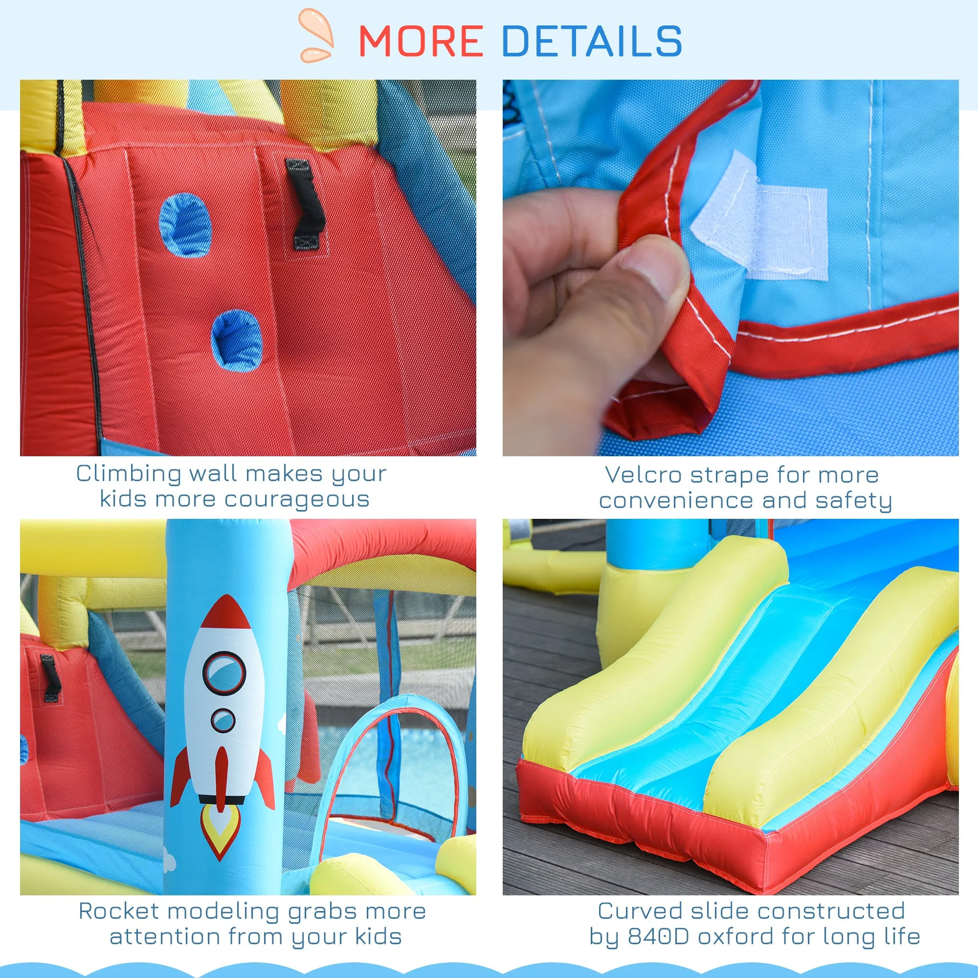 Kids Bounce Castle House Inflatable Trampoline Slide Water Pool 3 in 1 with Blower for Kids Age 3-10 Rocket Design 3.3 x 2.65 x 1.85m