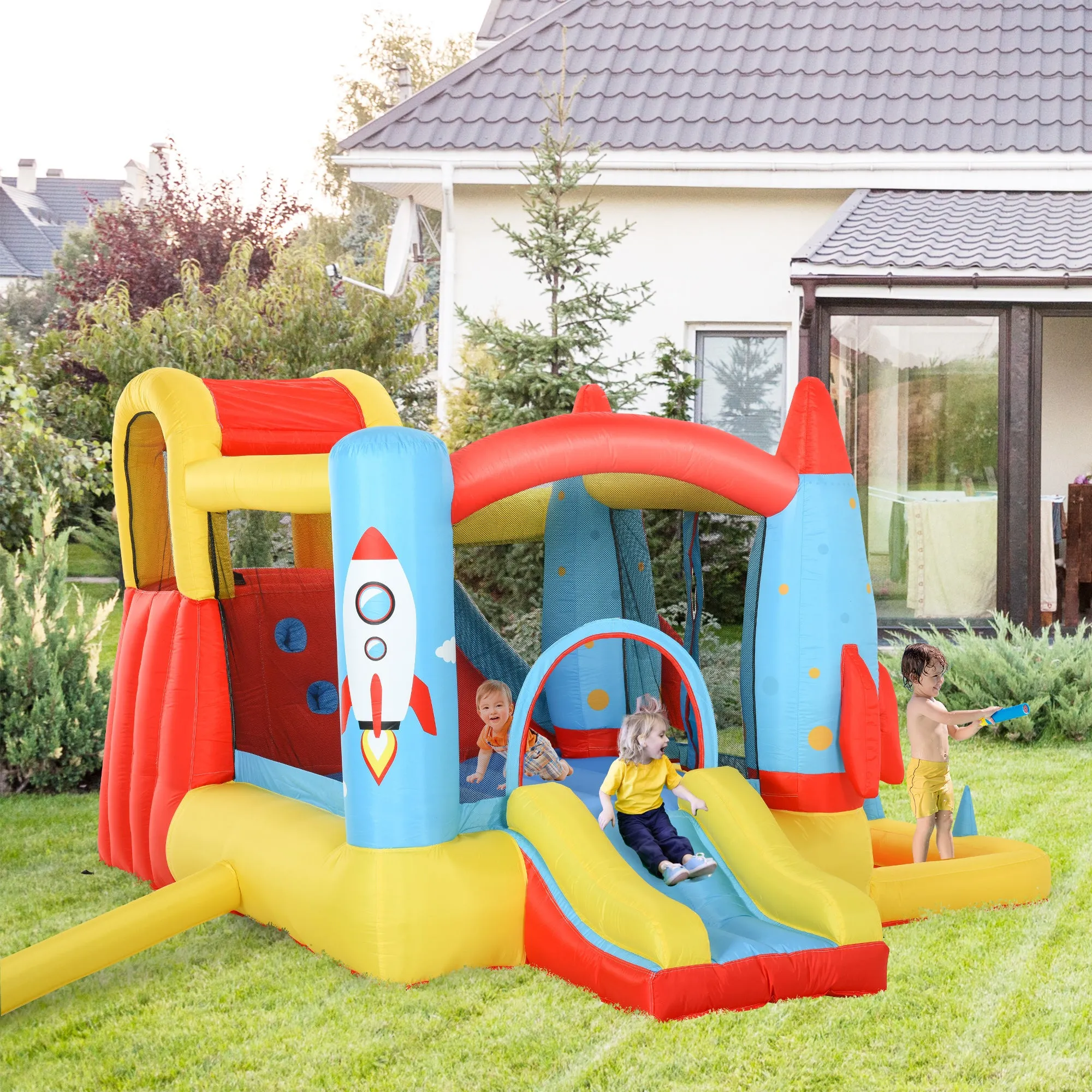 Kids Bounce Castle House Inflatable Trampoline Slide Water Pool 3 in 1 with Blower for Kids Age 3-10 Rocket Design 3.3 x 2.65 x 1.85m