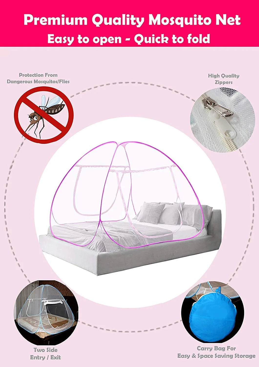 Kuber Industries Mosquito Net Foldable King Queen Size (Double Bed) with Free Saviours 6.5 x 6.5 Feet (Pink)-CTLTC035002