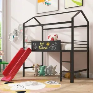 Metal House Bed With Slide, Twin Size Metal Loft Bed with Two-sided writable Wooden Board (Black and Red)