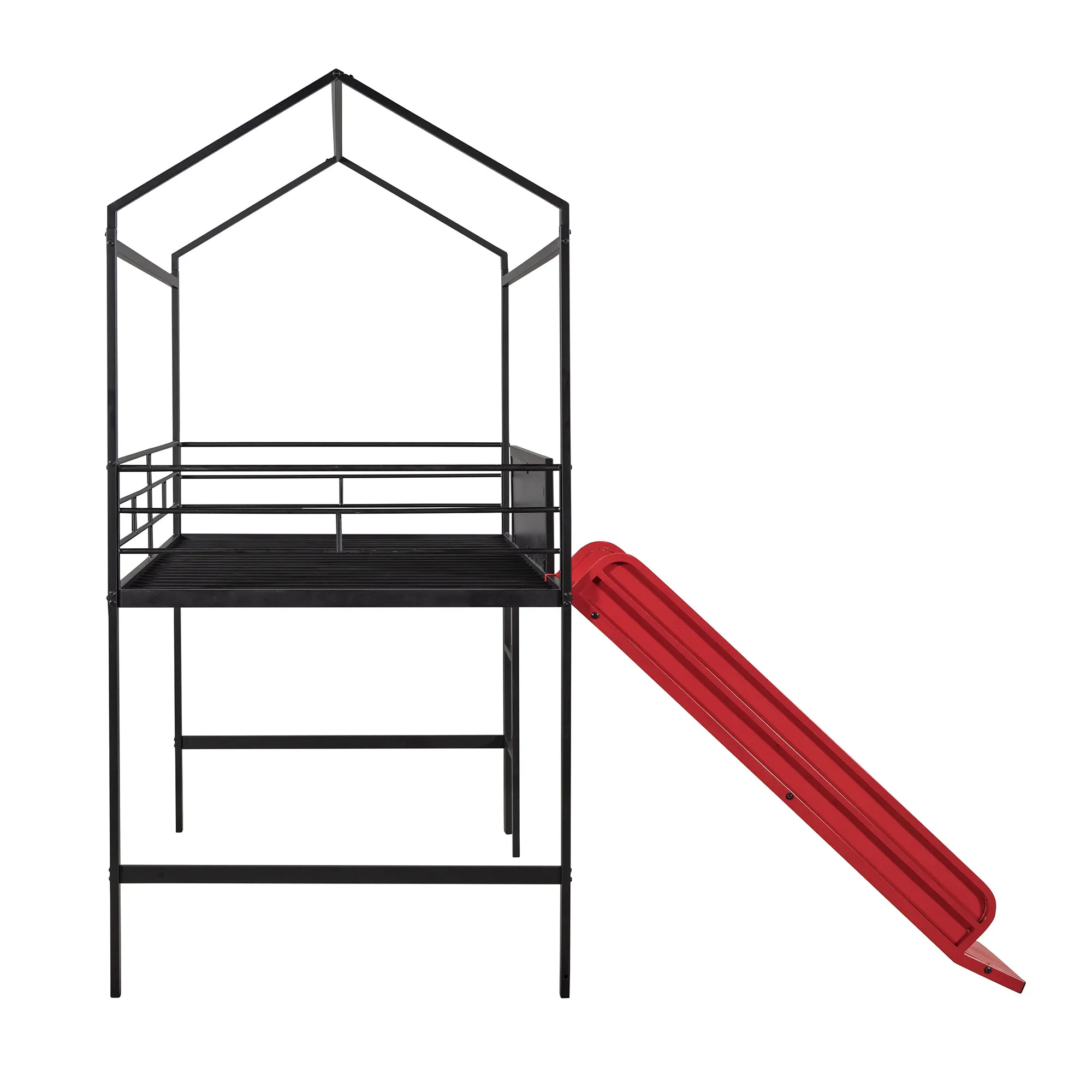 Metal House Bed With Slide, Twin Size Metal Loft Bed with Two-sided writable Wooden Board (Black and Red)