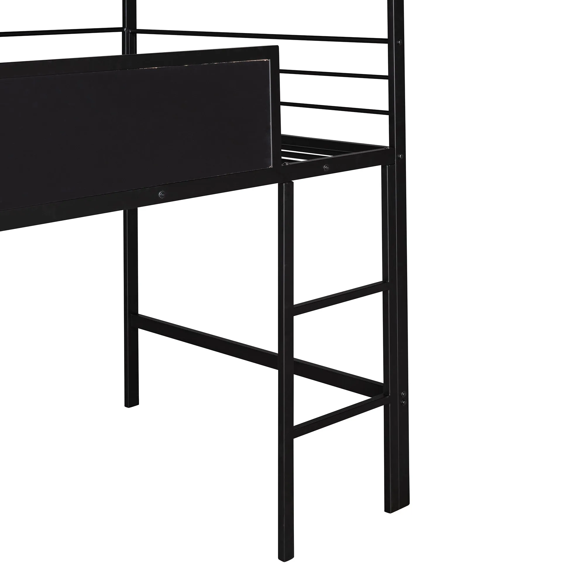 Metal House Bed With Slide, Twin Size Metal Loft Bed with Two-sided writable Wooden Board (Black and Red)