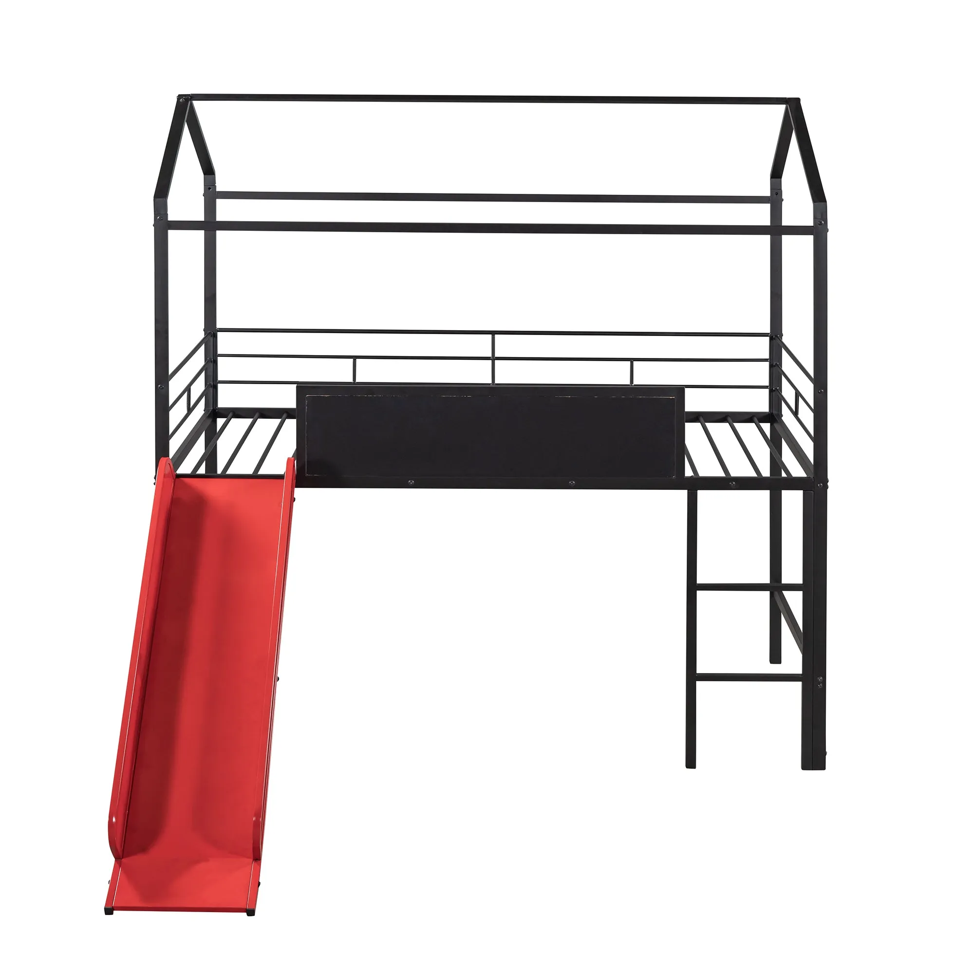 Metal House Bed With Slide, Twin Size Metal Loft Bed with Two-sided writable Wooden Board (Black and Red)