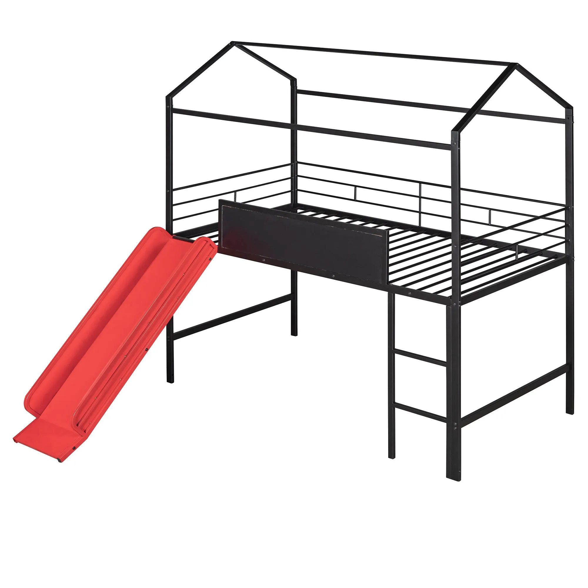 Metal House Bed With Slide, Twin Size Metal Loft Bed with Two-sided writable Wooden Board (Black and Red)