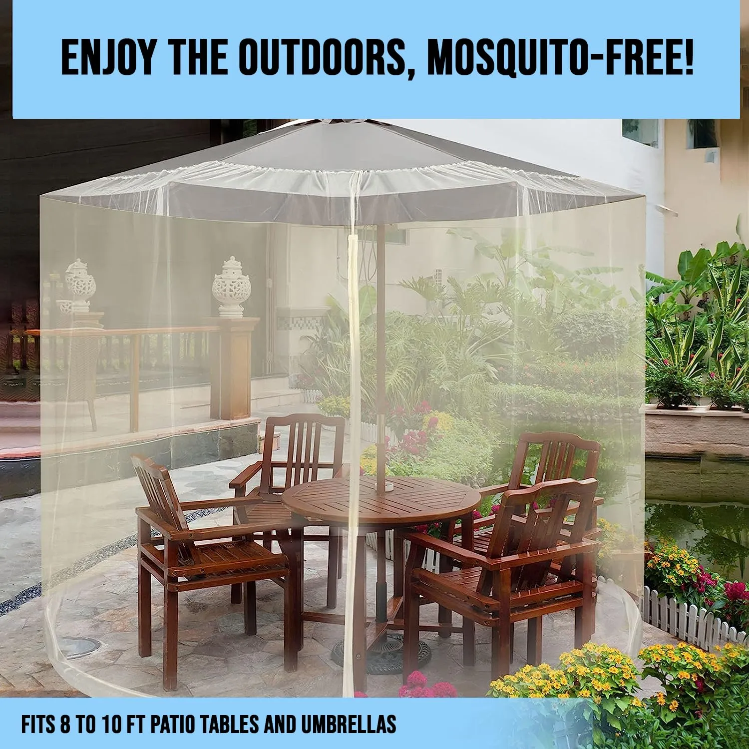 Oriley 7.5-10FT Patio Umbrella Mosquito Net Mesh Net Screen with Zipper Door Adjustable Rope Weighted Netting Water Tube for Mid-Column Bent-arm Rome Outdoor Umbrellas & Awning