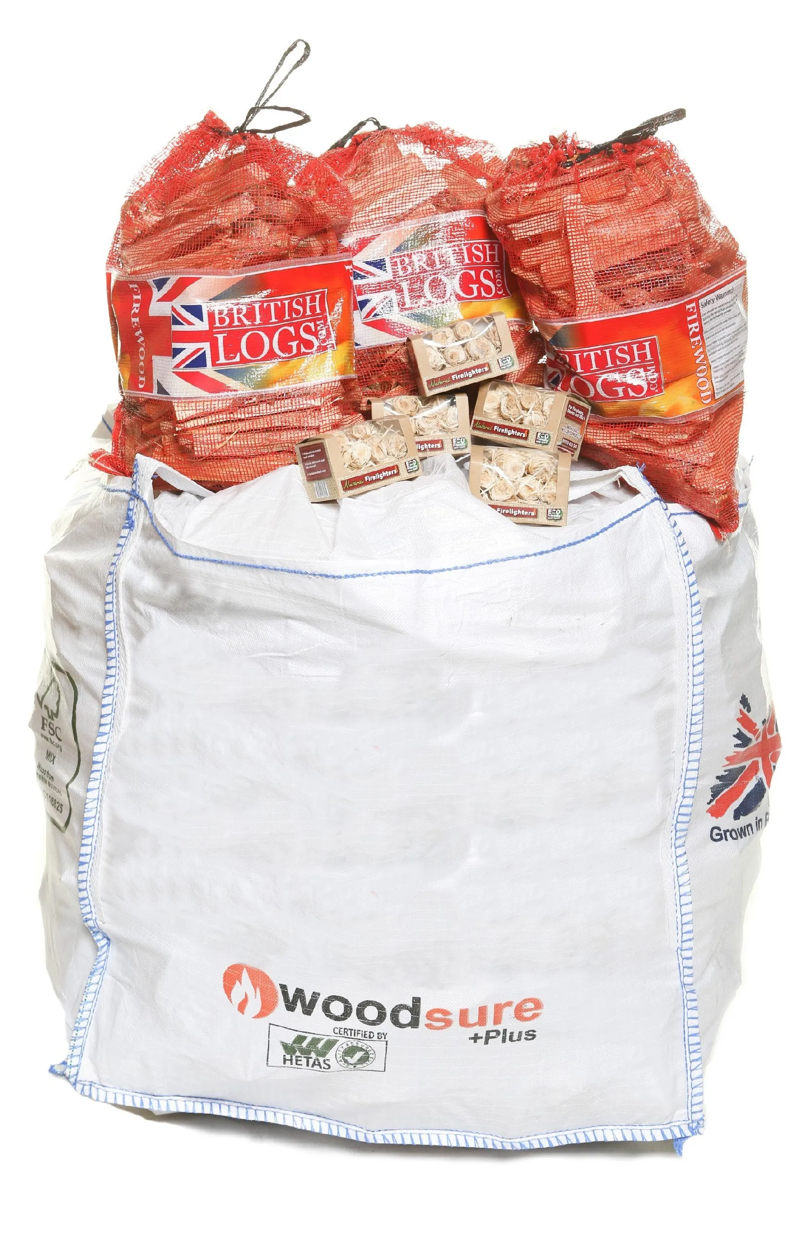 Starter Pack: Wood Burner - 1 x Builder Bag of Hardwood Logs, 3 x Nets of Kindling, 1 x Natural Firelighter box ( 60 pcs )