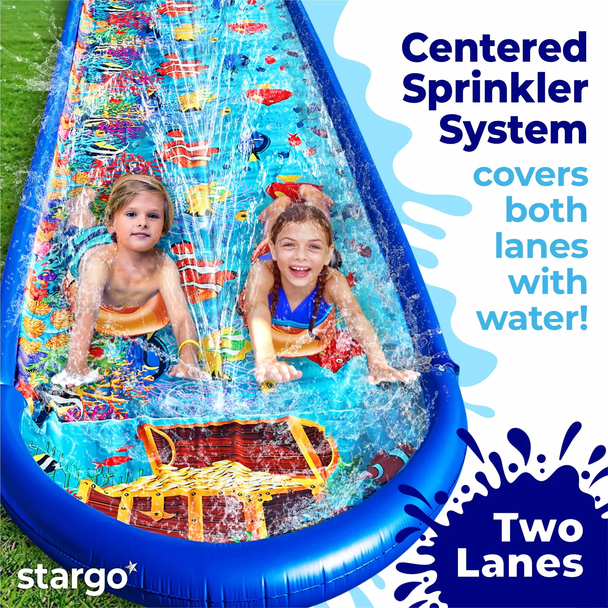 Undersea Water Dual Slip and Slide - 18 Feet X 5 Feet Slip N Slide with Splash Pad and Sprinkler, Water Slide with Inflatable Body Boards - Kids Water Fun